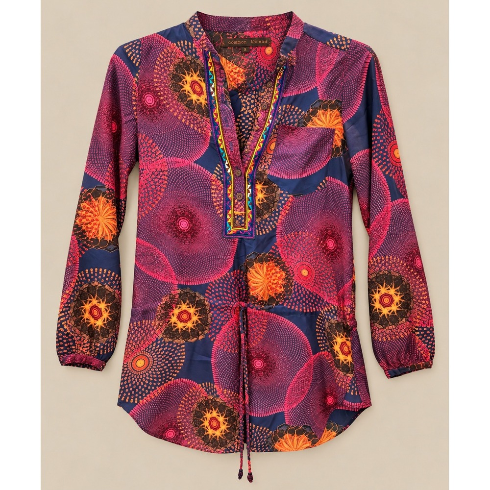 A Common Thread Women Tunic Small Purple Silk Geometric Embroidered Henley Boho